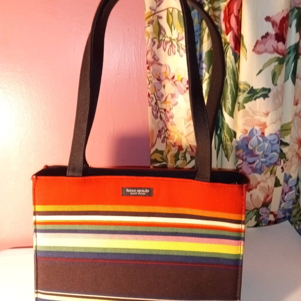 kate spade Orange Multicolor Striped Canvas Satchel with Black Straps